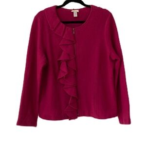 Chico’s Size 2 Magenta Dark Pink Wool Ruffled Zip Cardigan Sweater Chicos Large